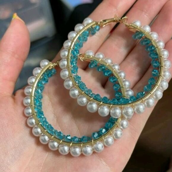 💖2/$30 Gold tone boho hoop pearl blue turquoise beaded coquette chunky earrings - Picture 17 of 17